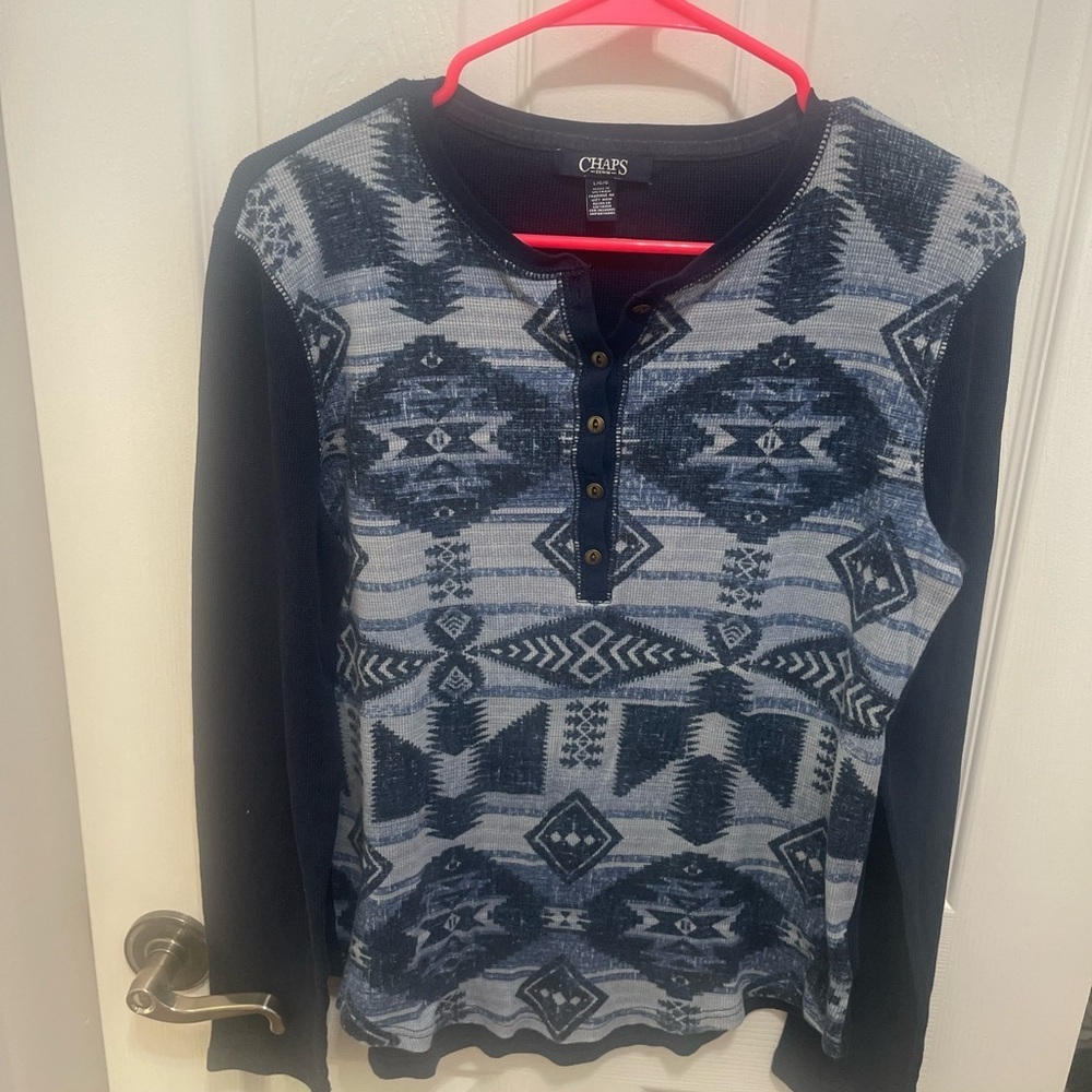 Chaps Navy and Gray Patterned Blouse